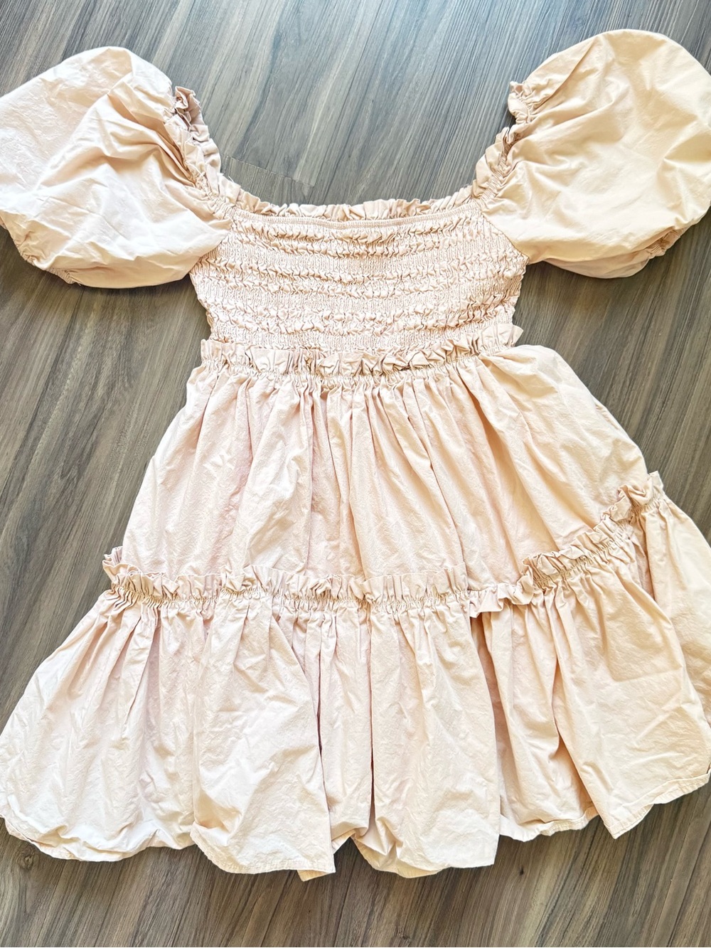 MARBLE  Puff-Sleeve Smocked Dress in Light Blush